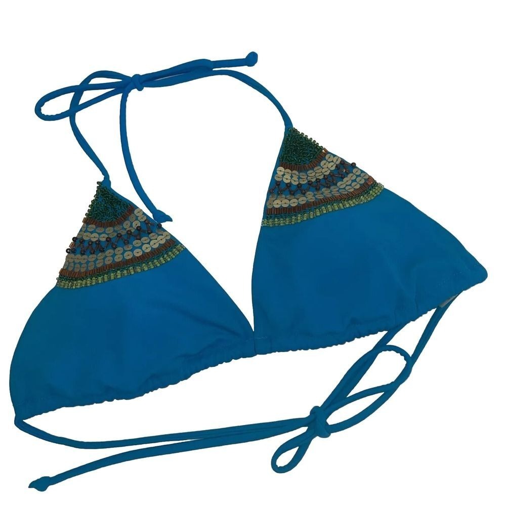 VICTORIA'S SECRET Bikini Top Womens Large Blue Beaded Triangle Festival Mermaid